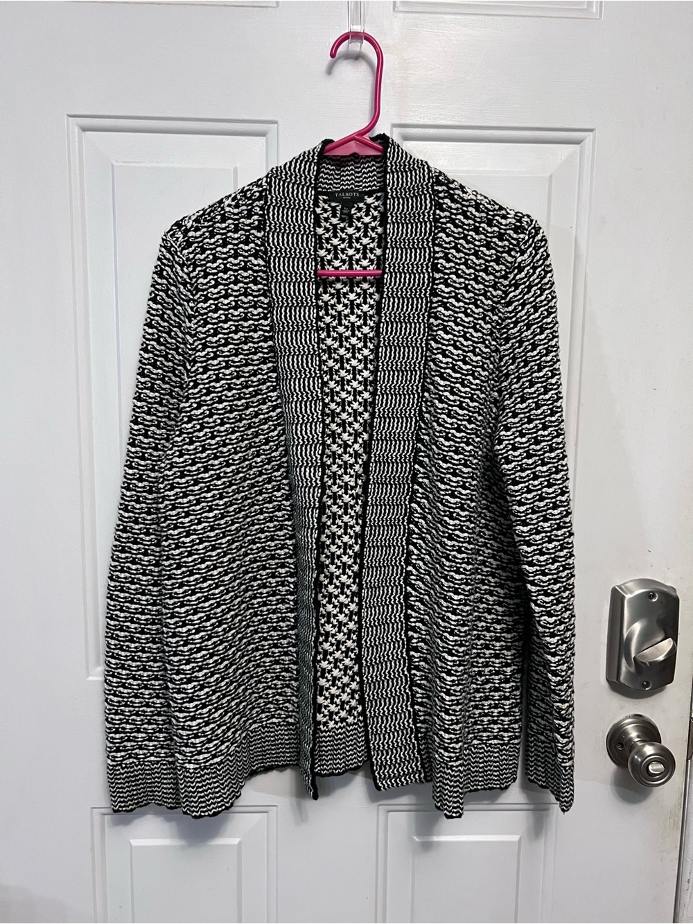 Talbots Petites LP Black White Chunky Knit Open Front Cardigan Wool Blend
